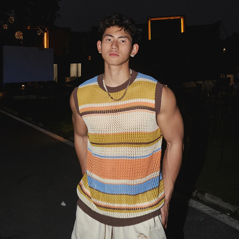 FEWQ American Striped Loose Vest Knitted Summer Sleeveless Hollowed Out Round Neck Casual Contrast Color Male Ttops 24E1717