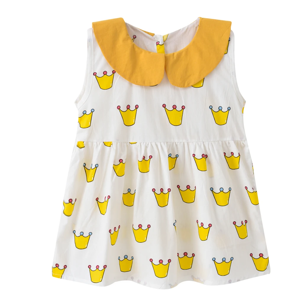 Summer new baby princess dress doll small lapel children cute doll collar crown printed cartoon girl dress