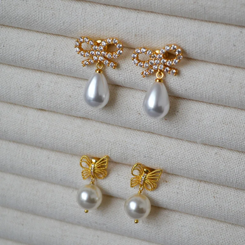 Minority Simple Retro Bow Zircon Flash Diamond Brass Gold-plated Pearl 925 Silver Needle Earrings Female