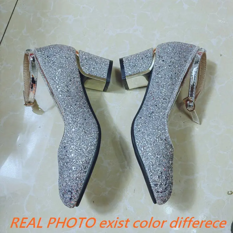 REAVE CAT Female Strap Pumps Shoes Sequin Glitter Rhinestone Buckle Chunky Heels Party Gold 32 43 Chaussure