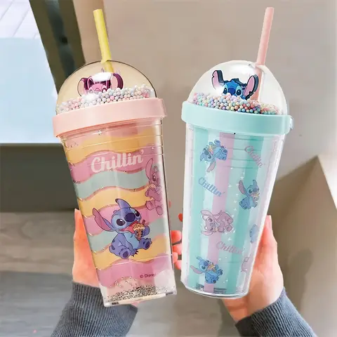 420ml MINISO Disney Lilo & Stitch Angel Couple Cartoon Double Layer Plastic Water Cup Straw Mugs Portable Gift for boy and girl