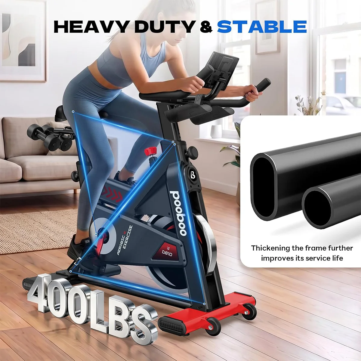 Pooboo Exercise Bike, Stationary Bikes for Home Cardio with Comfortable Seat Cushion, Adjustable Seat Handle, 400 lbs Weight Capacity