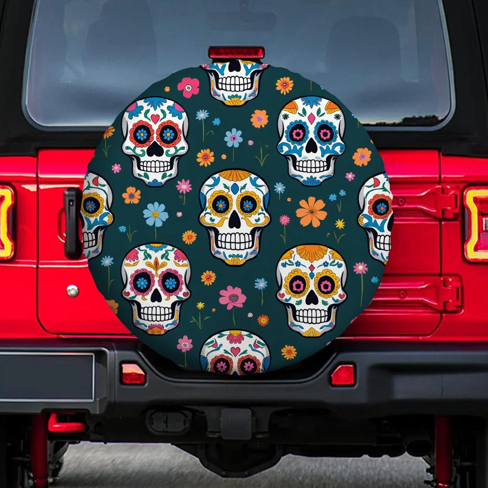 

Sugar Skull Tire Cover Polyester Waterproof Day of the Dead Floral Spare Wheel Protector for RVs and Cars