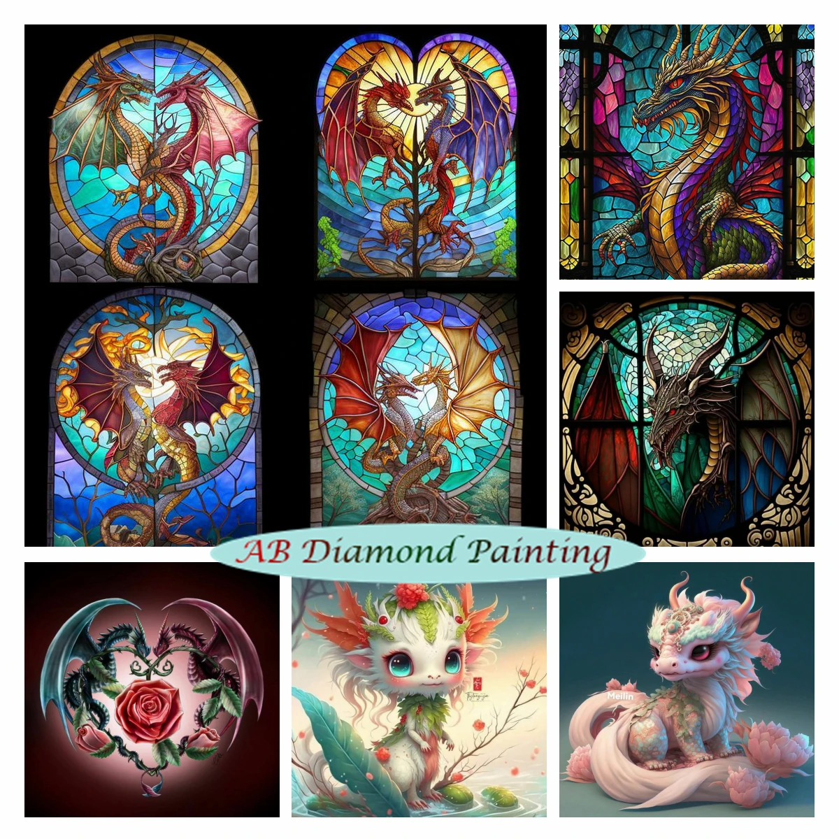 

Stained Glass Baby Dragons 5D AB Diamond Painting Fantasy Rose Peony Art Mosaic Embroidery Cross Stitch Kits Home Decor Gift