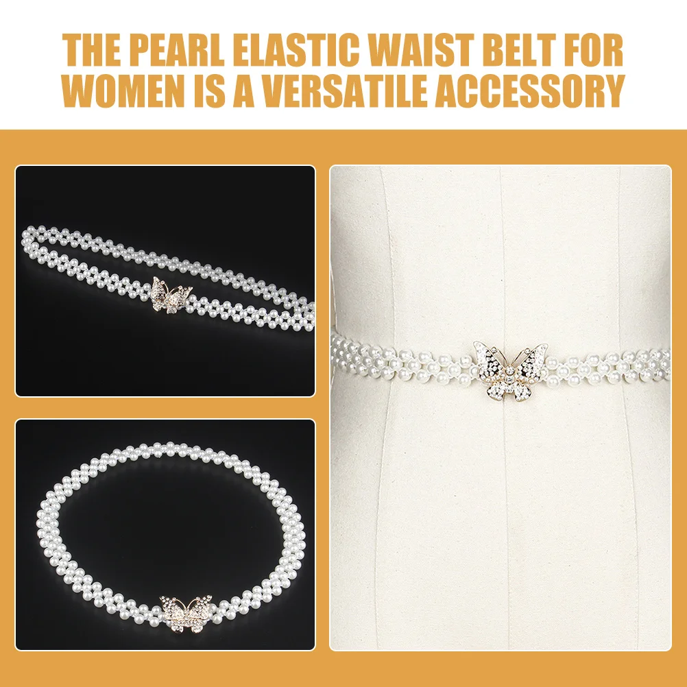 2Pcs Pearl Waist Belt Elastic Butterfly Waist Chain Rhinestone Bridal Dress Jewelry for Women Women Western Belt