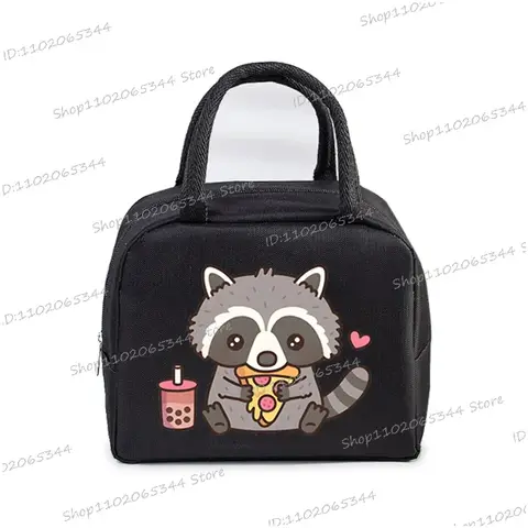 Portable Cartoon Pizza Raccoon Tote Thermal Lunch Box Bag Women Office Student Bento Storage Insulation Bags Lunch Bag for Kids