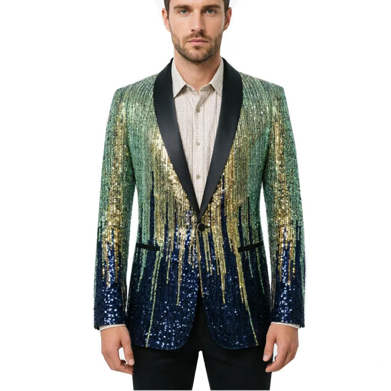 

Men's One Button Glitter Blazer, Gradient Color Sequin Dinner Suit Jacket for Weddings, Parties, Proms, and Nightclubs