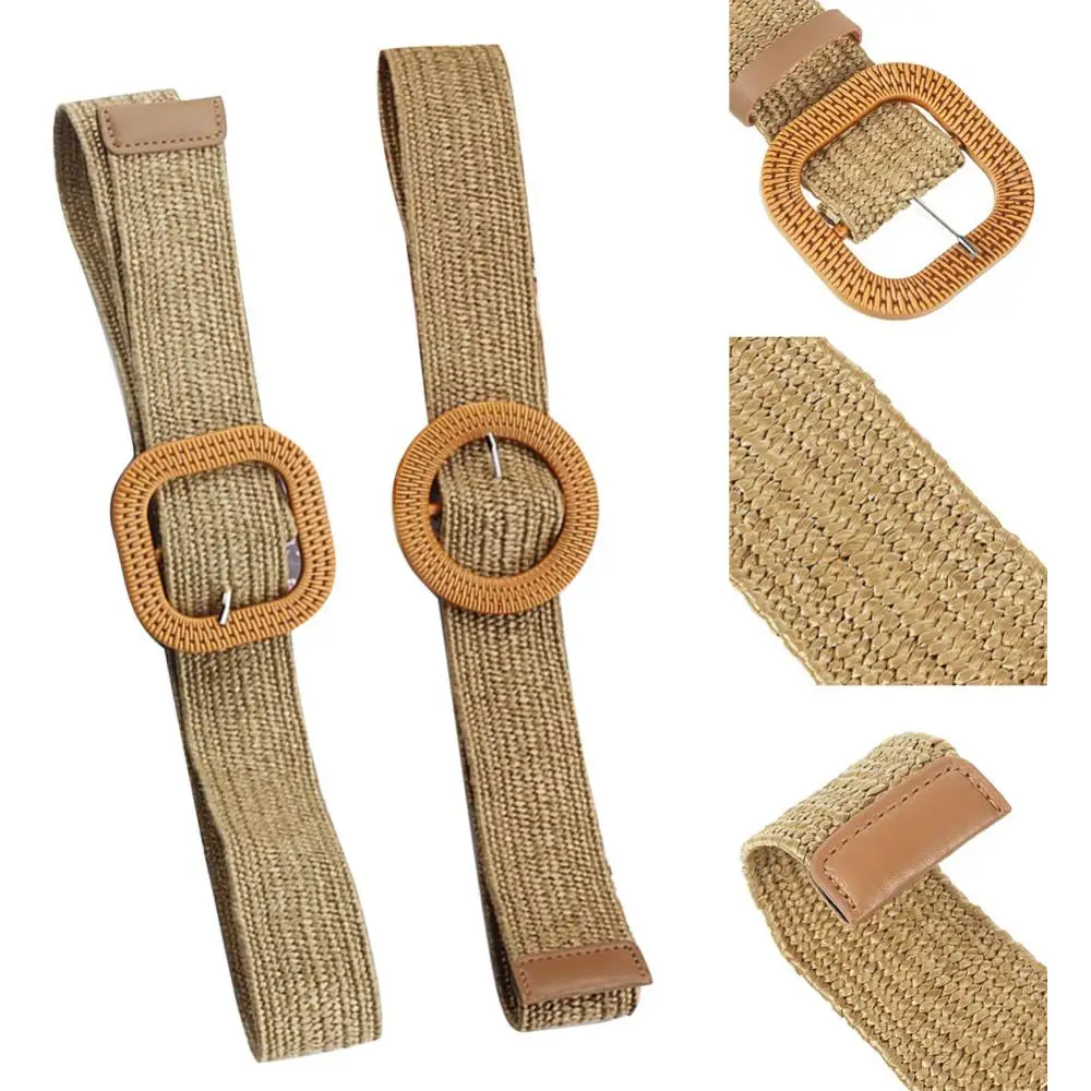 

Elastic Women Belt Boho Weaving Straw Waist Band Pin Buckle Dress Jeans Decor