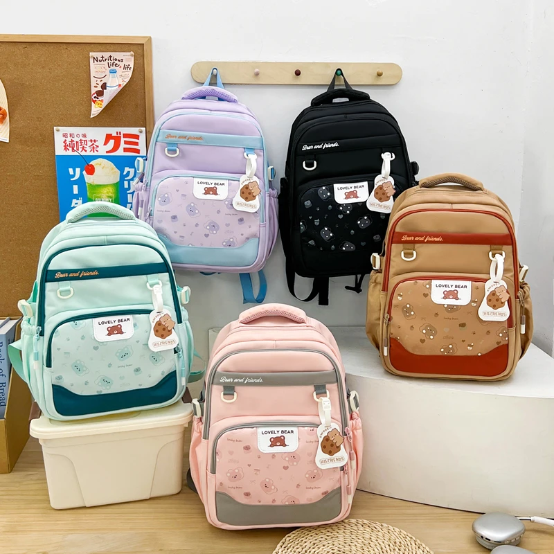 Cute Bear Print Backpack Large Capacity School Bag for Girls Teenagers Kawaii Casual Daypack with Pendant Multi-Pocket Backpack