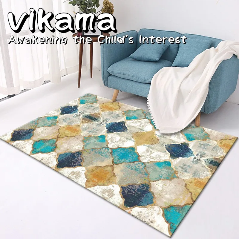 

VIKAMA American Retro Colorful Geometric Pattern Household Carpet Thick Non-slip, Durable, Suitable for Living Room Decoration