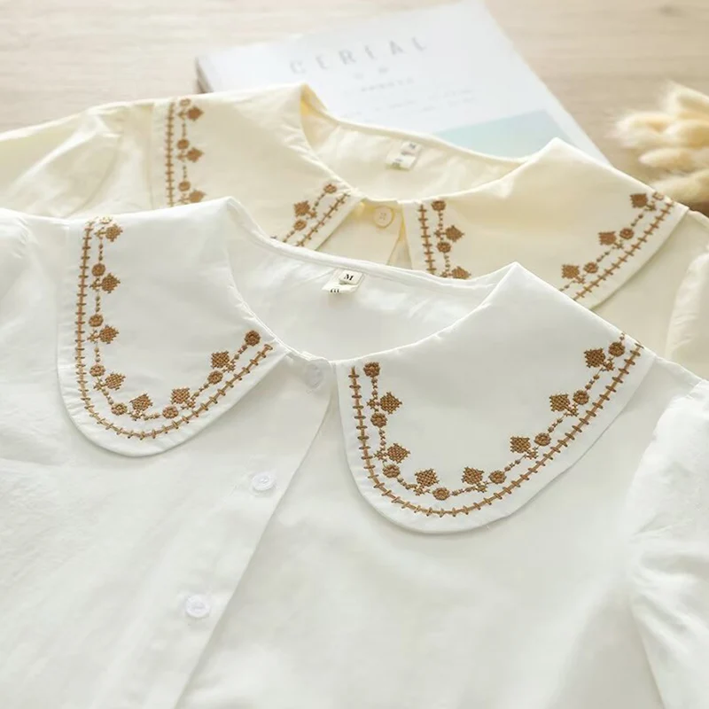 

New Spring Autumn Floral Embroidered Blusa Tops Women Clothing White Beige Color Long Sleeved Cotton Shirts & Blouses U311