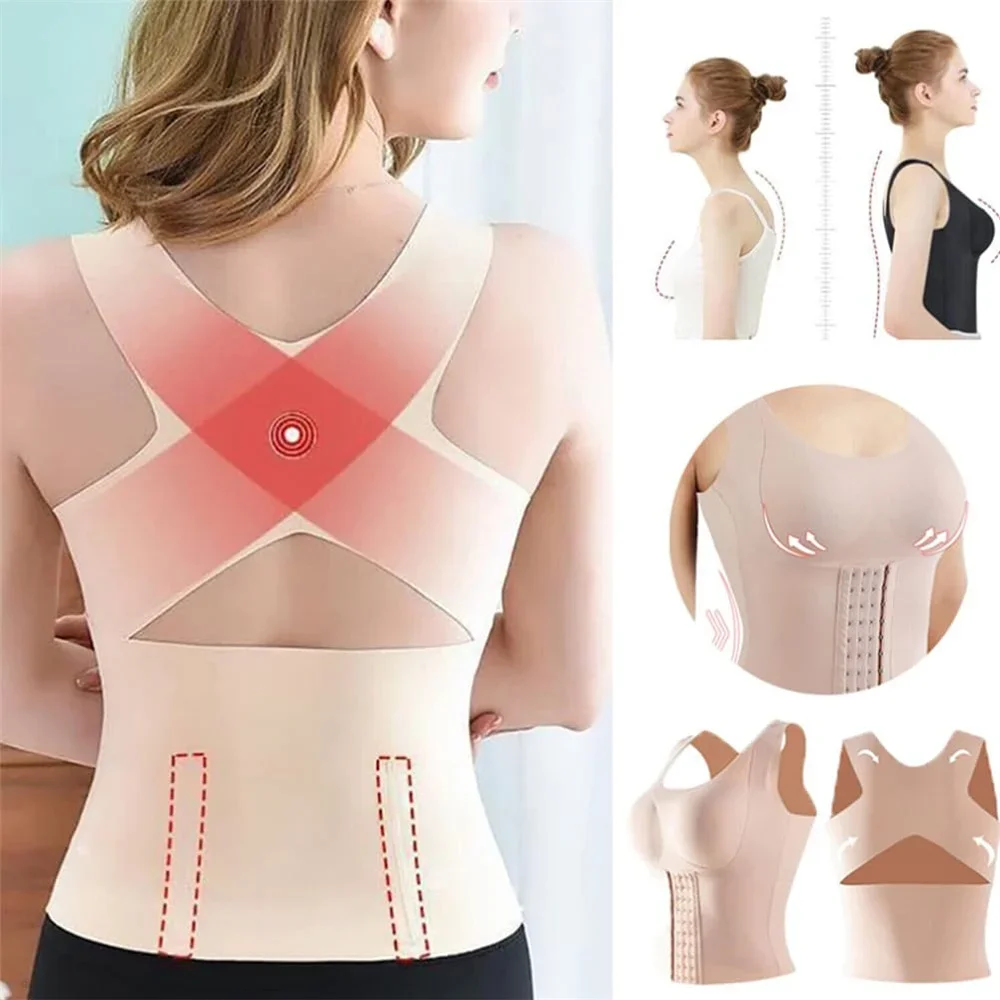 Women's 3 In 1 Waist Button Bra Styling Clothing Posture Corrector Weight Loss Cross Back Underwear Belly Sleeveless T-Shirt ﻿