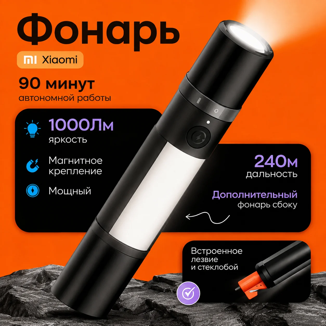 Xiaomi Multifunction Flashlight with zoom and super bright light with built-in glass blade for cutting straps