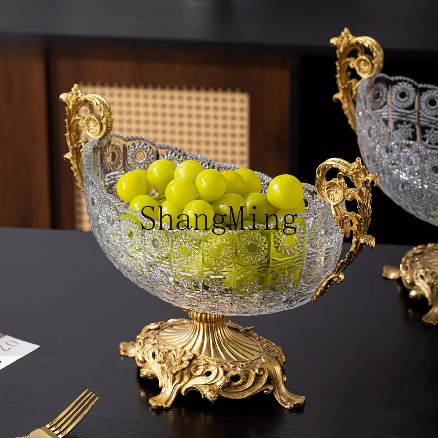 CL  Home Decor High-End Copper Inlaid Crystal Glass Home Fruit Bowl Fruit Storage Art Ornament