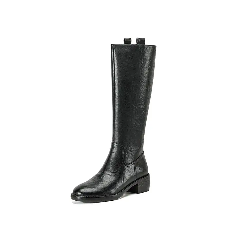 Krazing Pot Genuine Leather Round Toe Vintage Med Heels Equestrian Boots Winter Shoes Women Street Wear Slip On Thigh High Boots
