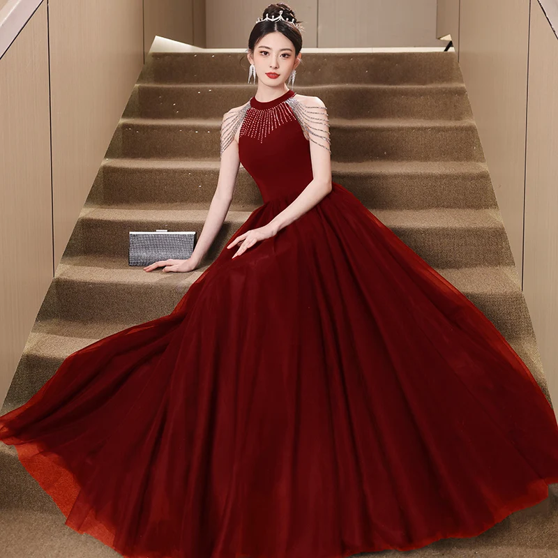 

Ele Wedding Dr Red Evening Gown Princ Sle Long Skirt Heavy Embroidery Hanging Ne Design for Engagement And Banquet