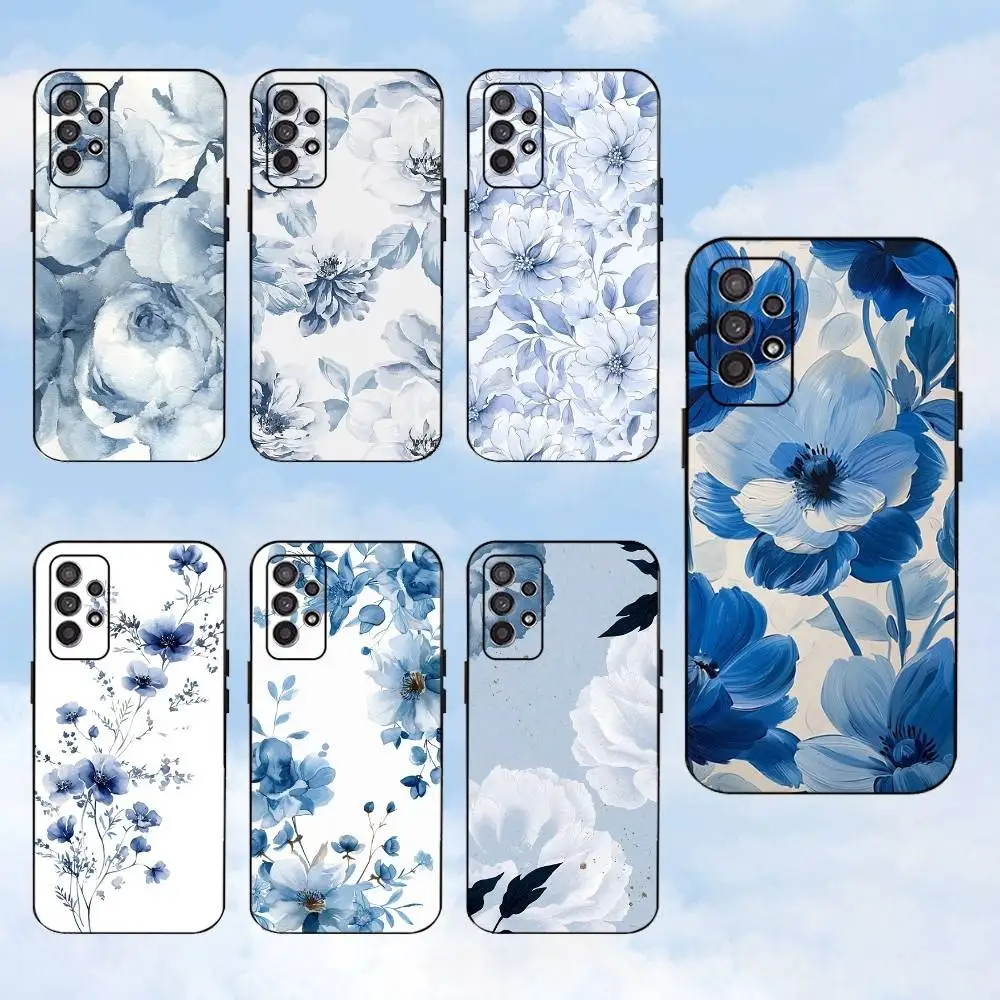 

art blue floral Phone Case For Samsung S25,S24,S23,S22,S21,S20,S10,Ultra,Plus,Lite,FE,Soft Silicone Black Cover