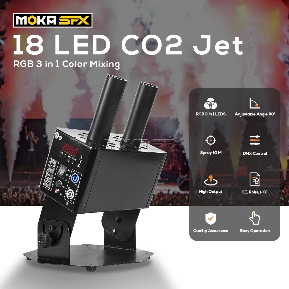 

MOKA SFX Dual-Barrel LED CO2 Jet Machine 18x3w RGB 3 In 1 Dry Ice Fog Effect Co2 Cannon White Body Powerful Stage Special Effect