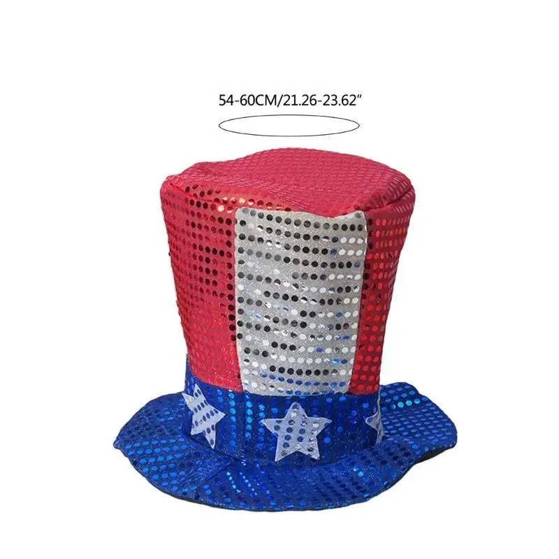 39BD July 4th Carnival Celebration Top Hat Glittering Sequins Hat Festival Headwear