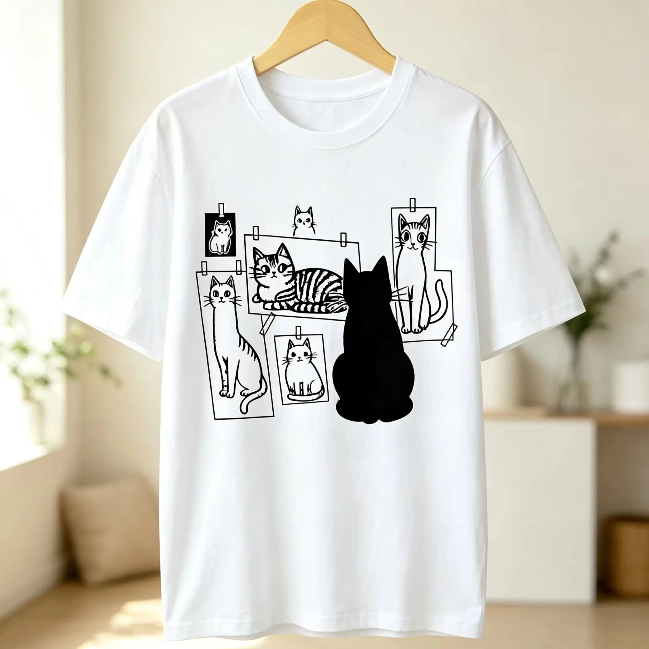 Cat Photo Collage Graphic T-Shirt Cute Line Art Kitten Gallery Board Simple Black Line Short Sleeve Tee