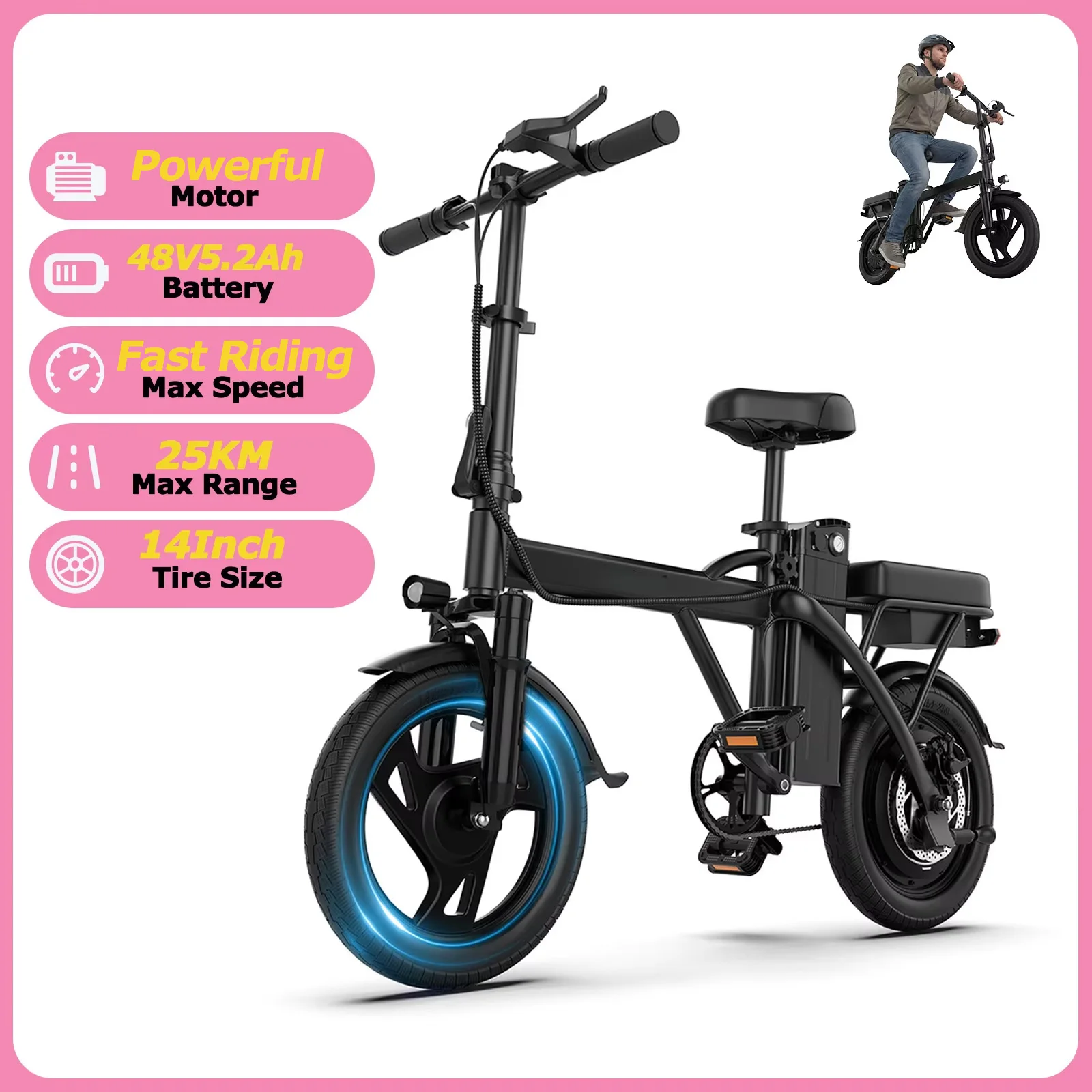 ATSANT X14PLUS elektrische fiets met krachtige motor, 48V 9Ah batterij, 35 km actieradius, 14 inch, opvouwbaar, voor volwassenen, geschikt voor woon-werkverkeer, stadsfiets, e-bike, e-scooter met