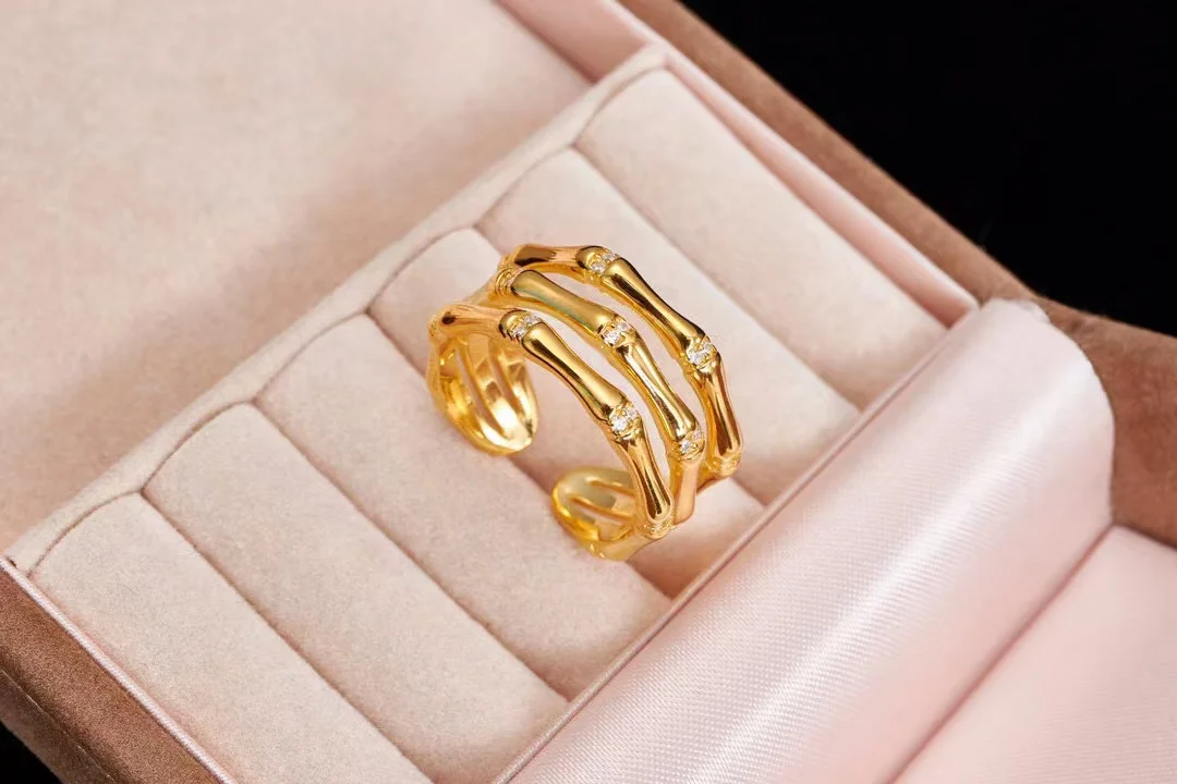 

2025 Ins, модное многослойное бамбуковое кольцо из серебра 925 пробы, унисекс, стразы, нерегулярный массивный браслет на палец, женские многослойные украшения