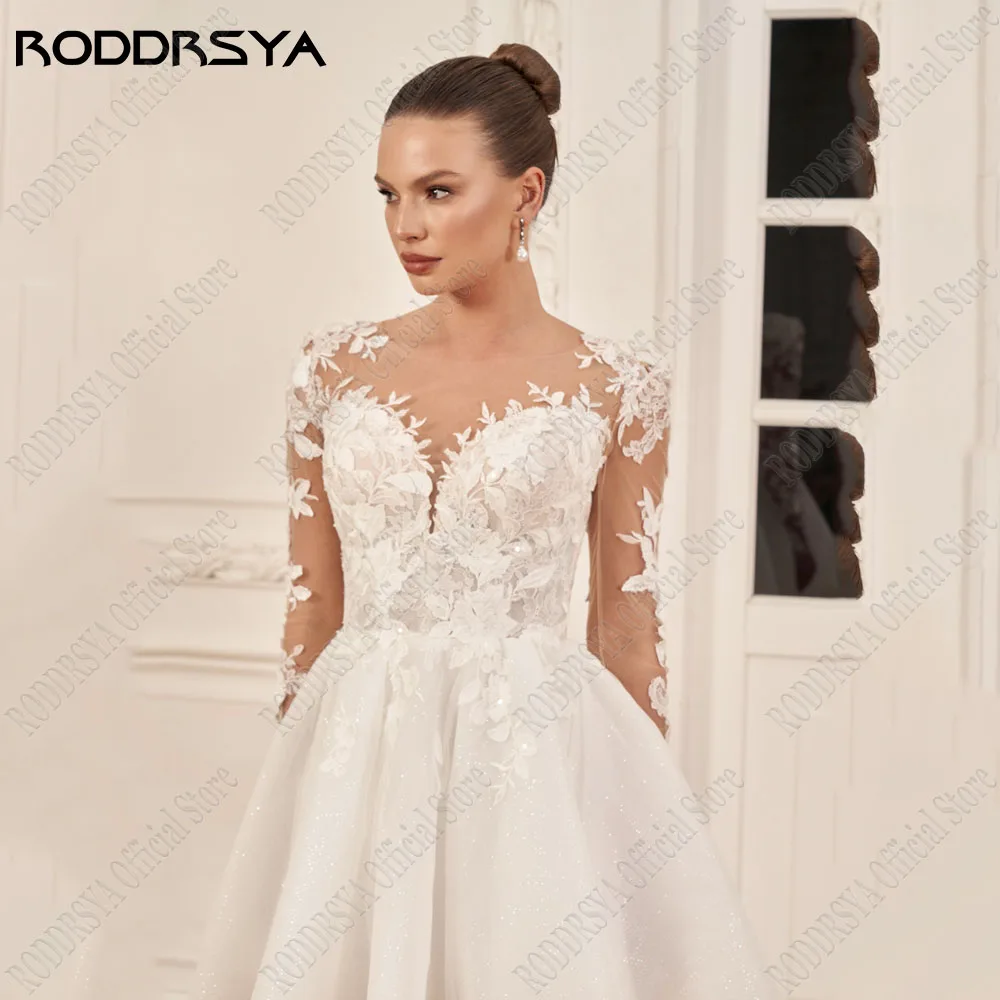 RODDRSYA-vestidos de novia cortos de encaje, vestidos de novia con cuello redondo, mangas largas, apliques de línea a, tul con cordones, 2024Vestido de novia de encaje corto roddrsya vestido de novia de cuello o manga