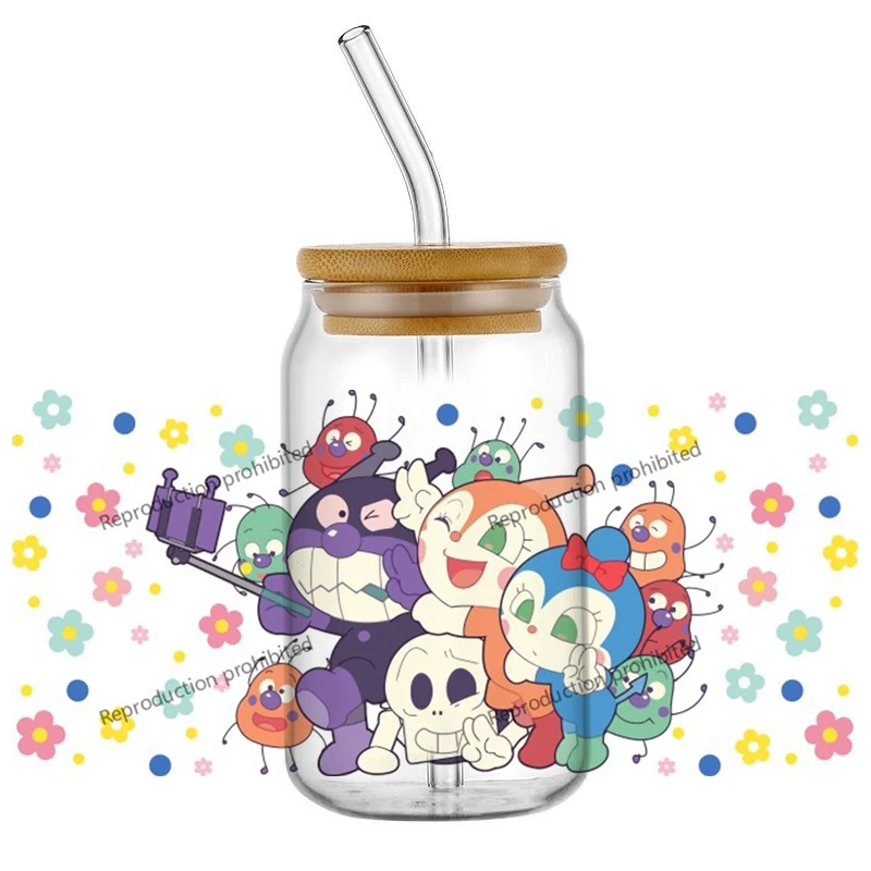 Niedliches Cartoon-Muster UV DTF Becherfolien-Transferaufkleber für 16oz Glasbecher, wasserdichter DIY-Becheraufkleber, Heimwerkerdekoration