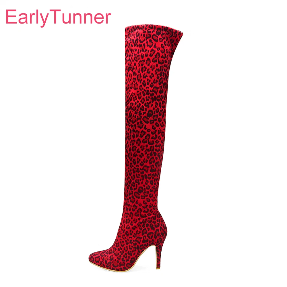 

Winter New Fashion Red Leopard Women Thigh High Boots High Spike Heels Lady Party Shoes Plus Small Big Size 12 32 43 46 48