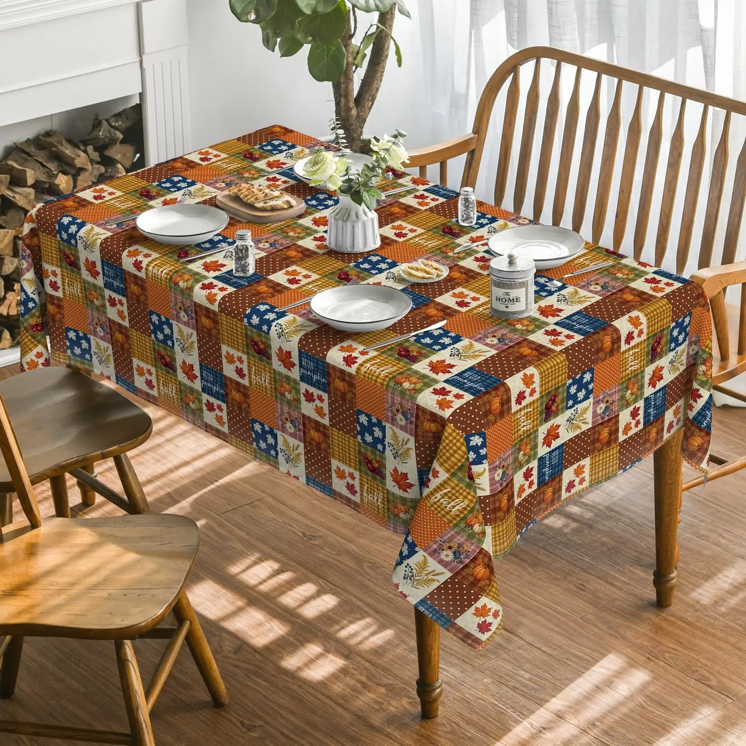 Autumn Maple Leaf Pumpkin Plaid Patchwork Tablecloth for Table Decor Fall Harvest Kitchen Dining Table Cloth Thanksgiving Decor