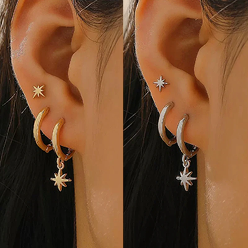 3 Piece Fashion Stainless Steel Round Star Drop Earrings Set for Women 18K Gold Plated Dangle Earring Punk Unisex Rock Jewelry