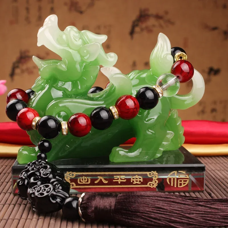 Bureau à domicile, entreprise, magasin, voiture, entreprise florissante et prospère, bonne chance, porte-monnaie, statue en résine et jade représentant un dragon PI XIU FENG SHUI.