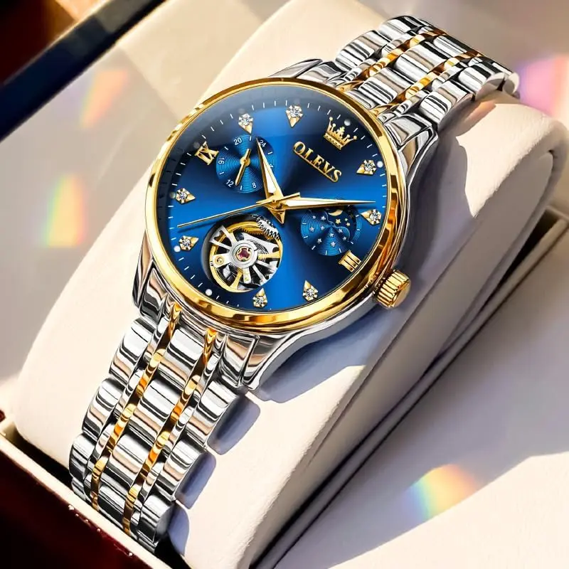 ساعة نسائية أوتوماتيكية فاخرة مع مرحلة القمر، ستانلس ستيل ذهبي/فضي، مقاومة للماء #3