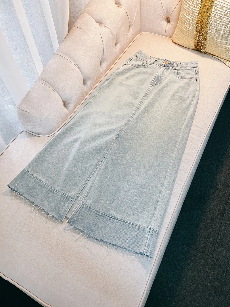 Women's Denim Long Skirt, 100% Cotton, A-Line, Vintage, Casual, High Waist, Ladies, Elegant, Top Quality, Light Blue, Summer