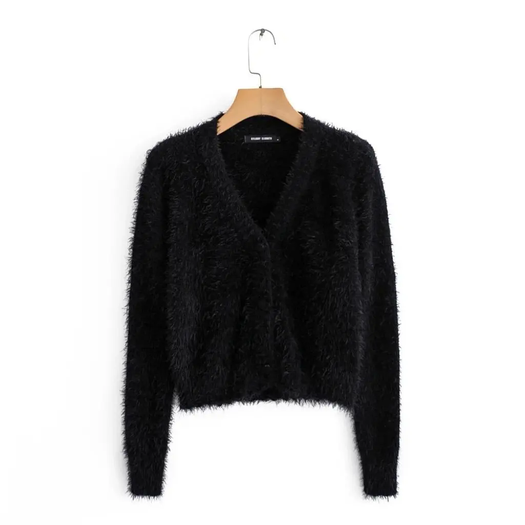 

Women's Solid Color V-neck Plush Knitted Cardigan Short Sweater Chic European American Style for Spring Autumn