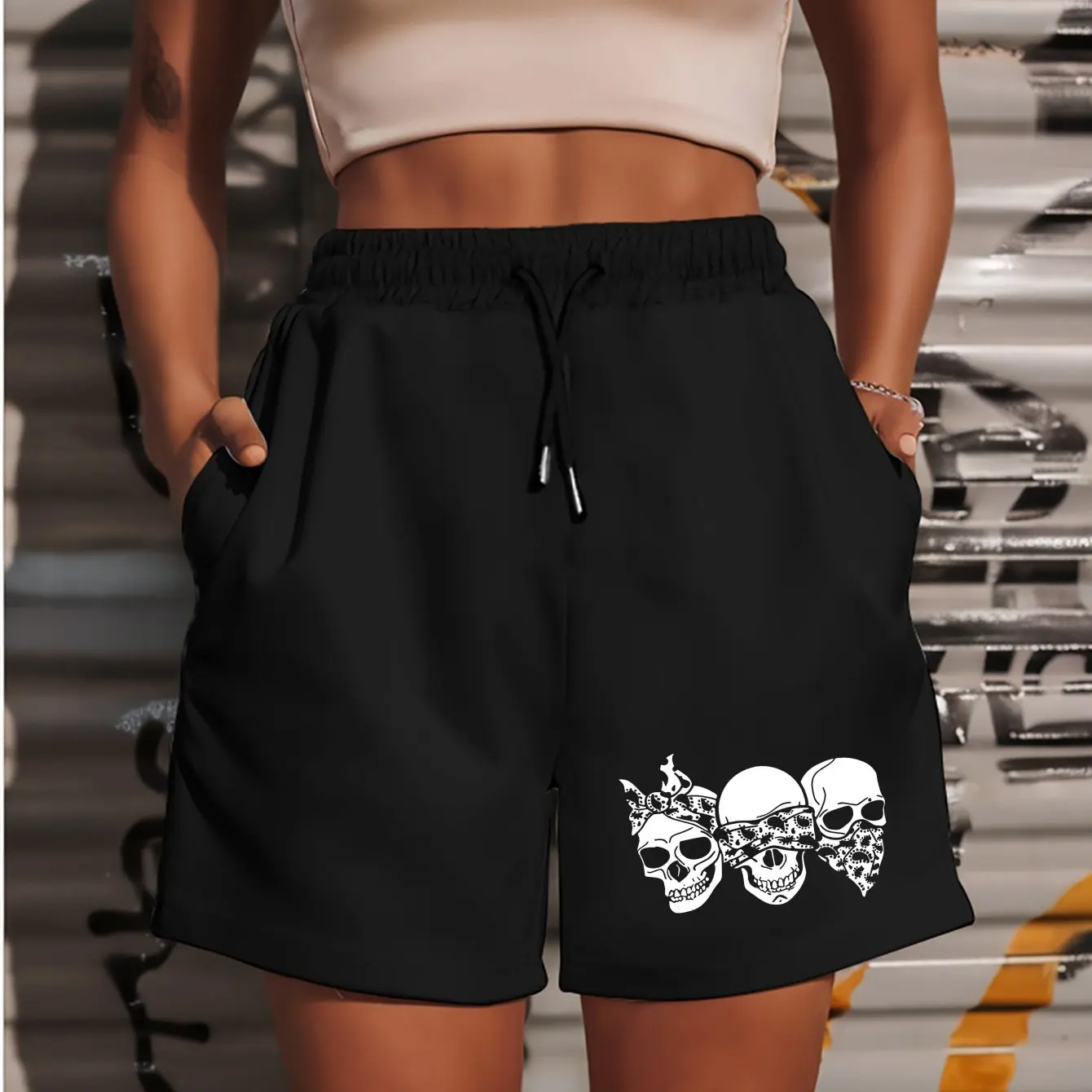 

2026 Women's Summer Casual Shorts Skull Print Loose Fit Stylish and Versatile Suitable for Gym and Lounge Wear