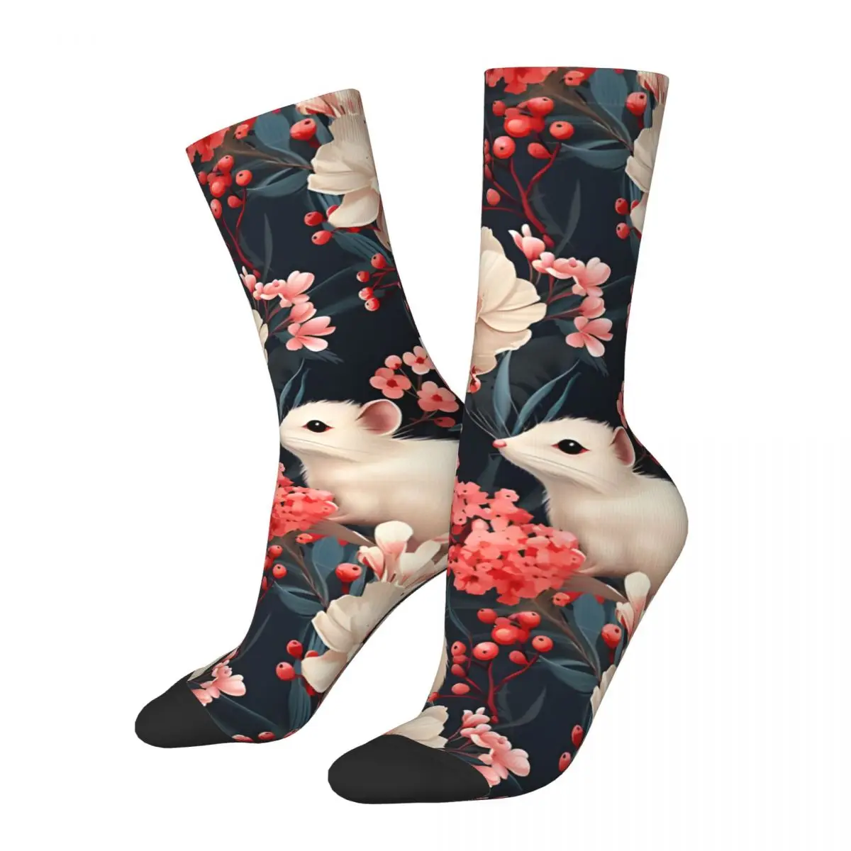 Crazy compression Winter Berry White Mouse Floral Pink Blue Print Sock for Men Harajuku Seamless Pattern Crew Sock Novelty