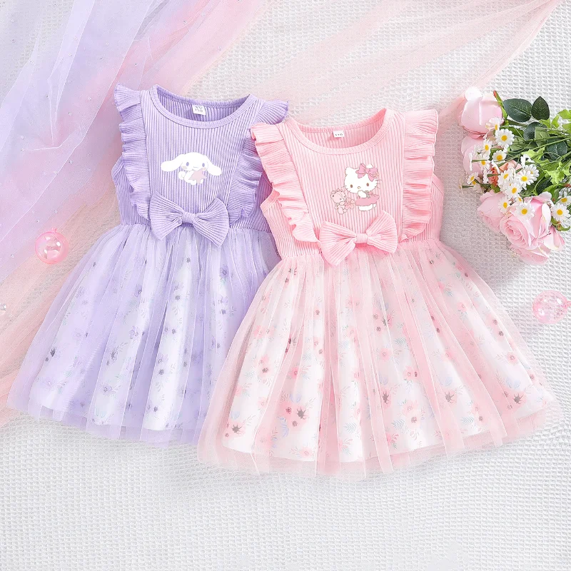 

Sanrio Hello Kitty Cinnamoroll Children Dresses Anime Baby Girl Summer Sleeveless Princess Dresses Patchwork Mesh Dress Gift