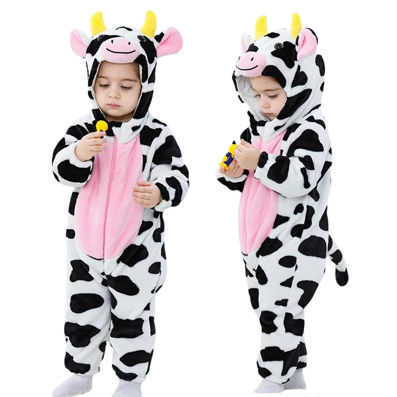 Animal Cow Costume Romper Baby Boys Girls Clothes Onesie Cute Toddler Outfits Soft Flannel Hooded Jumpsuit Infant 0-3Y Pajamas