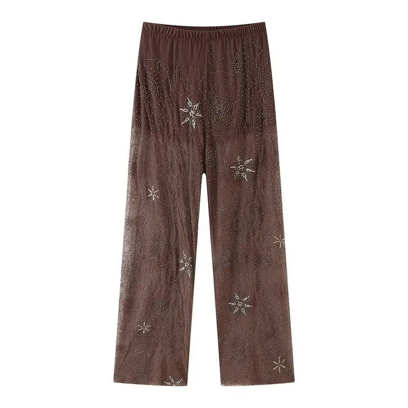 

Модные повседневные женские брюки с декором из бисера, прямые, из полиэстера, с эластичной талией, для женщин среднего возраста