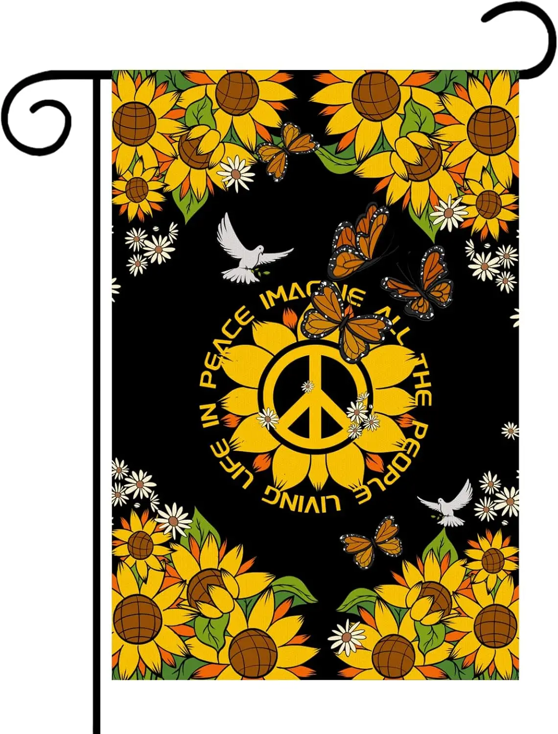 Peace Sunflower Garden Flag 12x18 Inch Double Sided, with Love Peace Sign, Imagine All the People Living Life in Peace, Small Ve