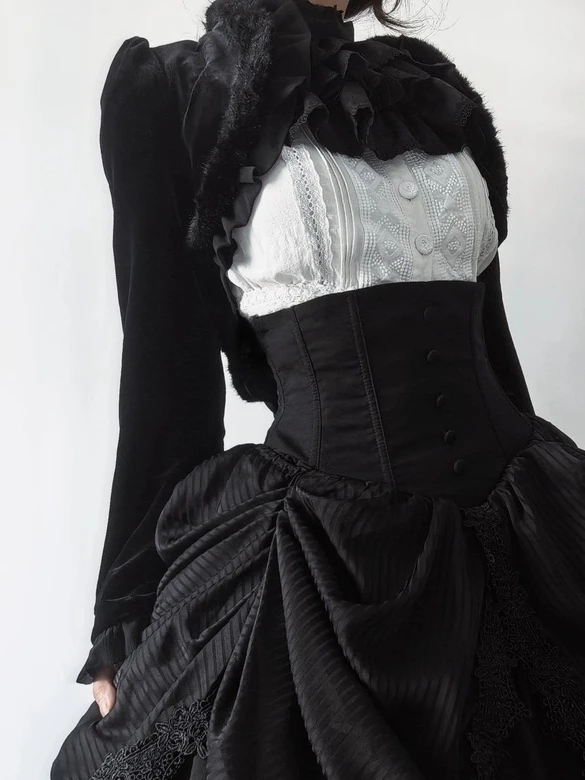 

Japanese Subculture Lolita Dark Girl Velvet Jacket Gothic Punk Style Ruffled Long Sleeve Slim Short Jackets Women Autumn Winter