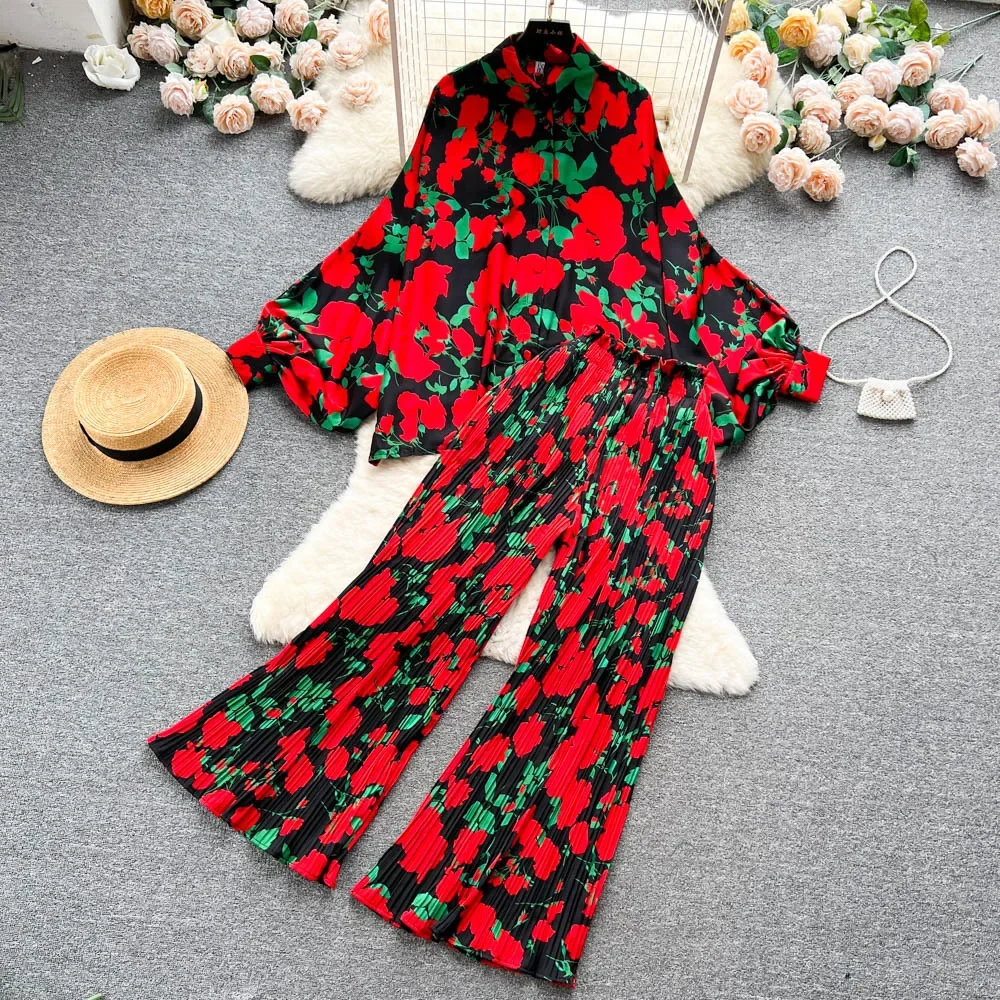 Fashion Print Set Pajama Sets for Women Two-piece Set Loose Lantern Sleeves Shirt High Waist Pleated Wide Leg Pants Home Suit