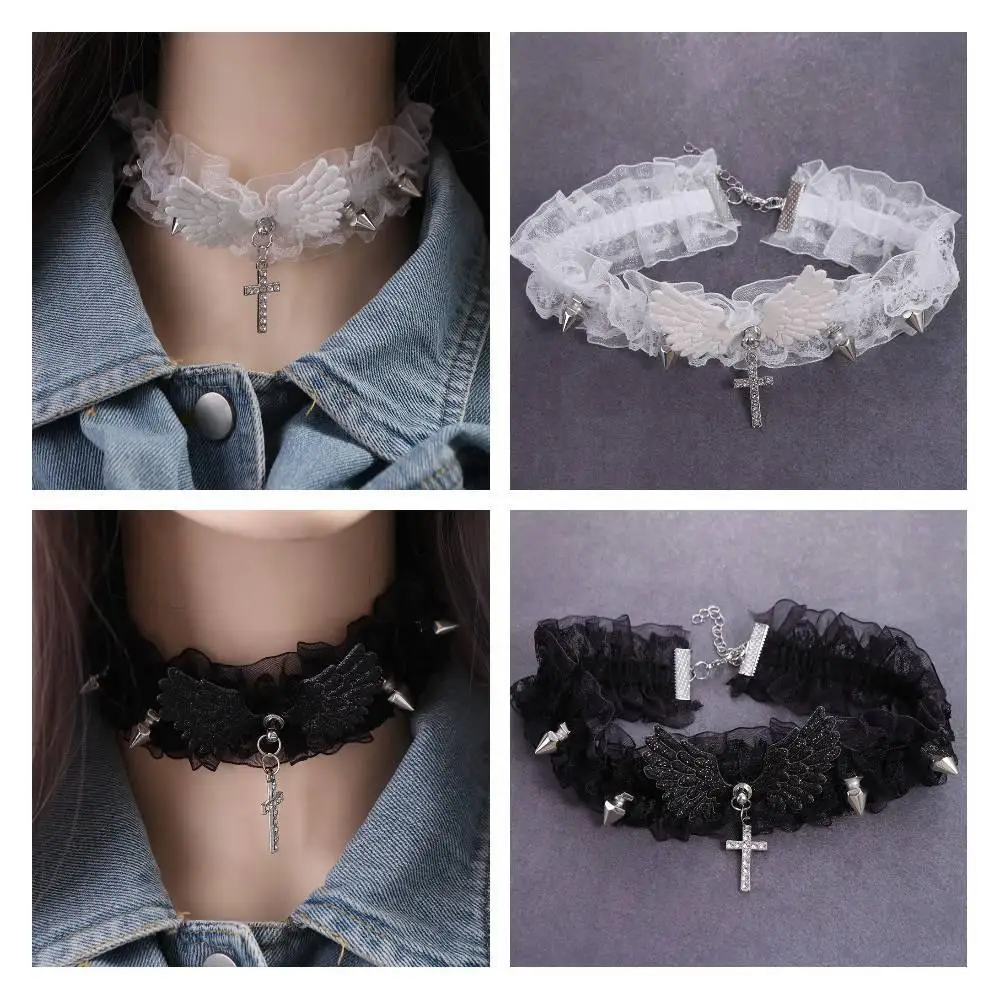 Lolita Solid Color Women's Necklace Wide Lace Rivets Lace Choker Punk Style Cool Leather Necklace Gift