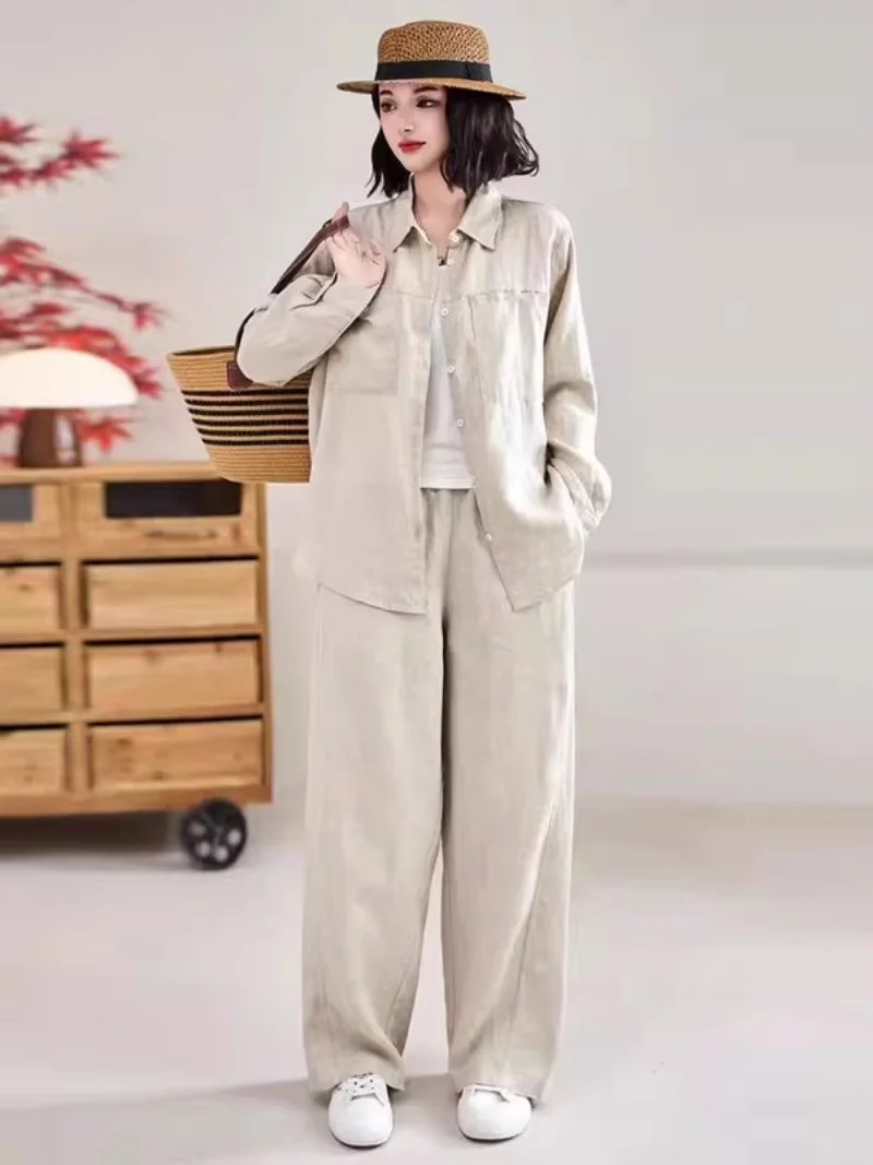 

Комплект из хлопка и льна для женщин: модный повседневный костюм-двойка с длинным рукавом и широкими брюками, весна-осень 2026, J045