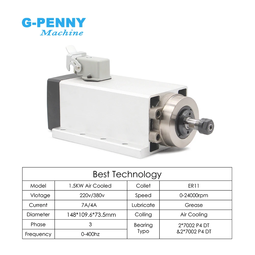 G-Penny 1.5kw ER11 Air Cooled Spindle Motor Kit Square Type 4pcs P4 Bearings 400Hz With Mounting 0.01& 1.5kw Frequency Drive
