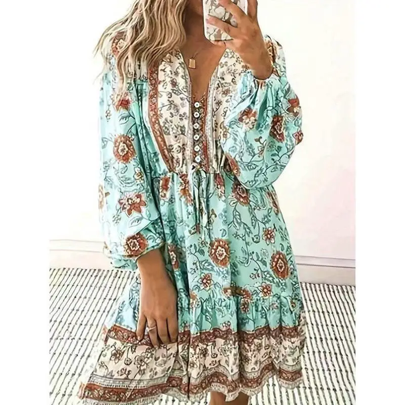 

Women's Ethnic Floral Pattern Button Front Casual Sport Suit Seven Sve Autumn Season Cross-Border New SleKVY4565