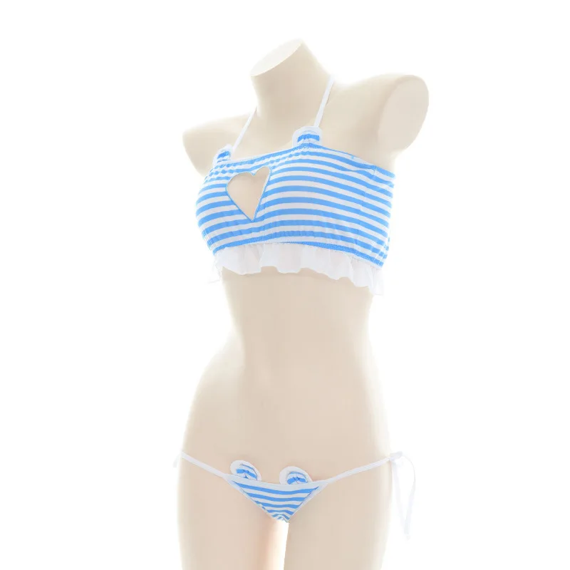 Cute Heart Hollow Bikini Set Sky Blue Halter Bandage Stripe Underwear Student Swimsuit Cosplay Costume Anime Swimwear Lingerie