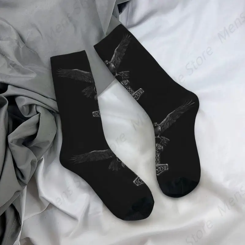 Vikings Odin Raven With Thor Mjolnir Hammer Crew Socks Unisex Cute Norse Odin God Spring Summer Autumn Winter Dress Socks