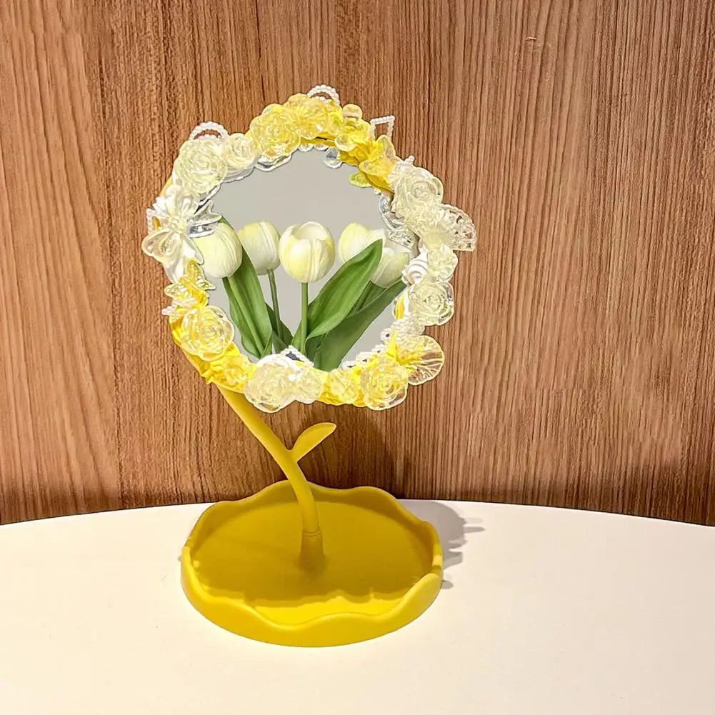 Bedroom Makeup Mirror Diy Handmade Flower Desk Mirror with Storage Tray Rotatable Vanity Makeup Mirror Multi-purpose for Women